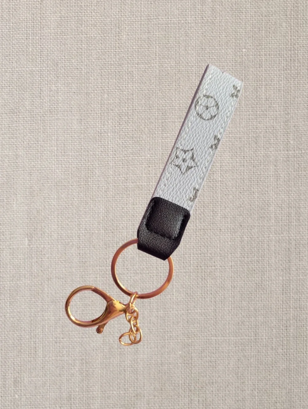 White Monogram Wristlet Keychain with Gold Hardware